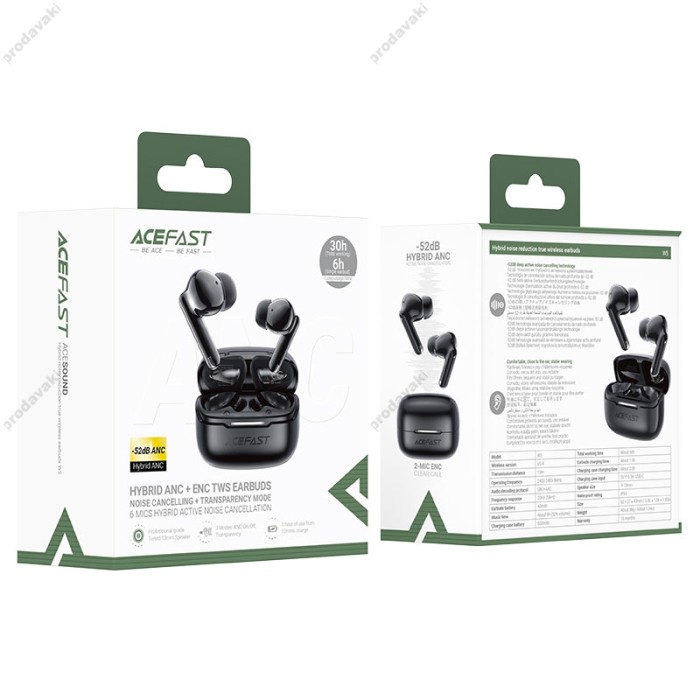 Бездротові Bluetooth навушники ACEFAST W5 hybrid noise reduction true wireless earbuds BT 5.4 Black